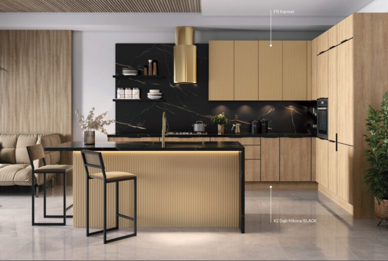 Meble Kuchenne KamMono K2 Dąb Hikora/F11 Karmel 340 cm na 225 cm
