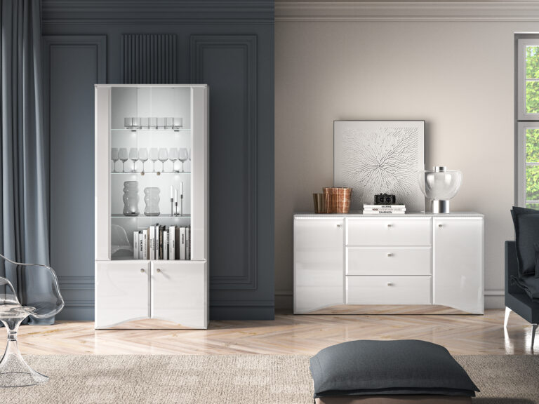 Zestaw Glamour Witryna szklana 01 oraz Komoda 02 - Biały Połysk / Biały - ML Meble