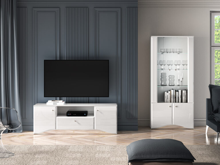 Zestaw Glamour Witryna szklana 01 + Szafka RTV 03 - Biały Połysk / Biały - ML Meble