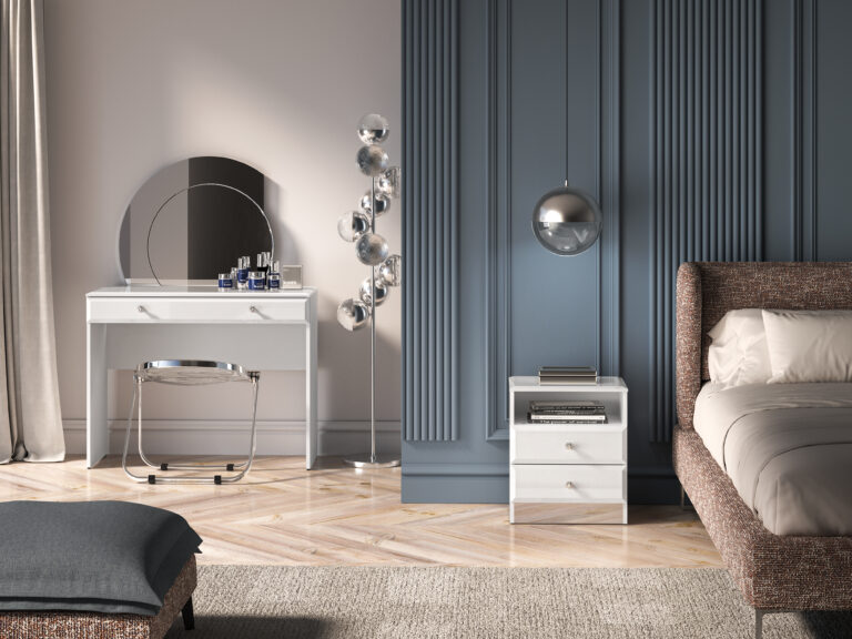 Zestaw Glamour Toaletka 05 + Szafka nocna 04 - Biały Połysk / Biały - ML Meble