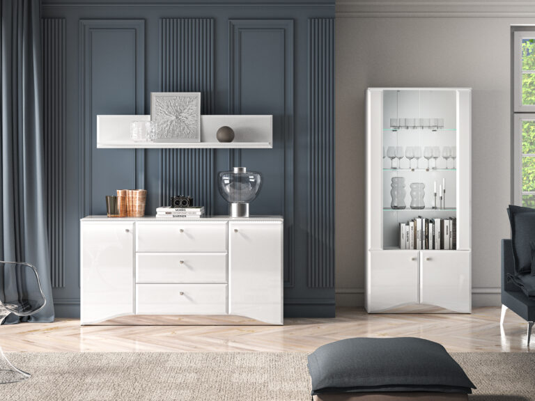 Zestaw Glamour Witryna szklana 01 + Komoda 02 + Półka wisząca 06 - Biały Połysk / Biały - ML Meble