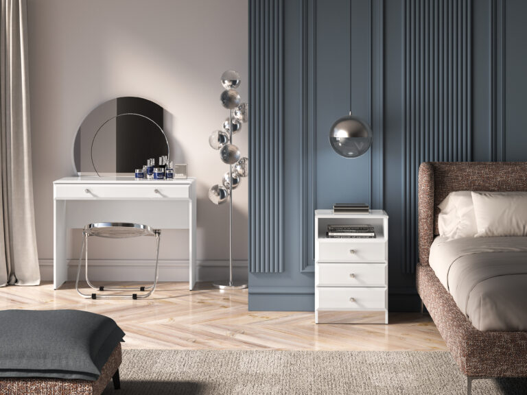 Zestaw Glamour Toaletka 05 + Szafka nocna 07 - Biały Połysk / Biały - ML Meble