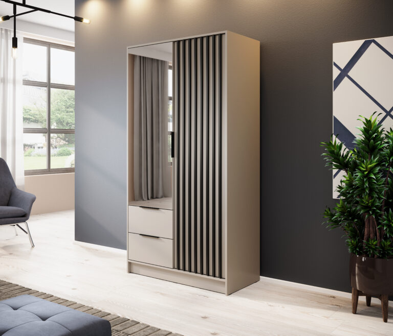 Szafa Nelly z lamelami 2D z lustrem - Kaszmir / Lamela Czarna - Piaski