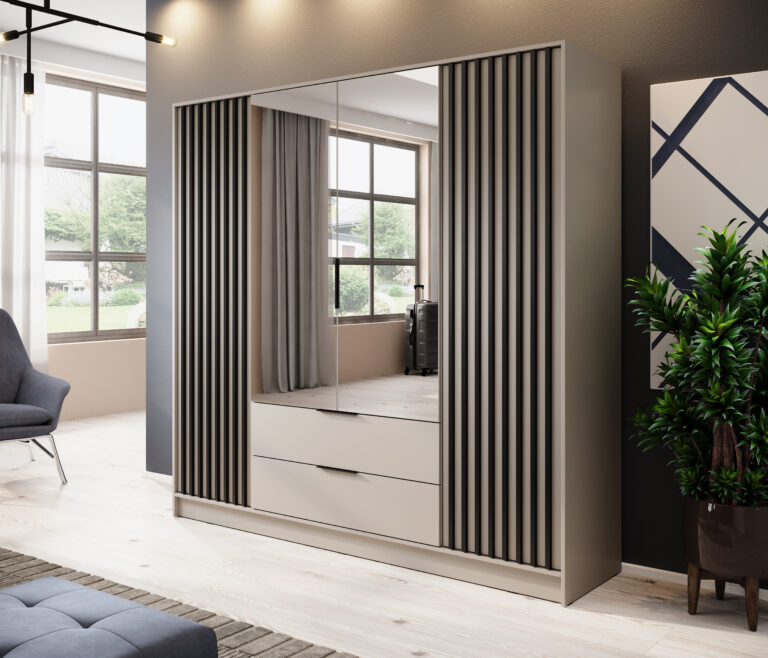 Szafa Nelly 4D z lustrami i z lamelami - Kaszmir / Lamela Czarna - Piaski