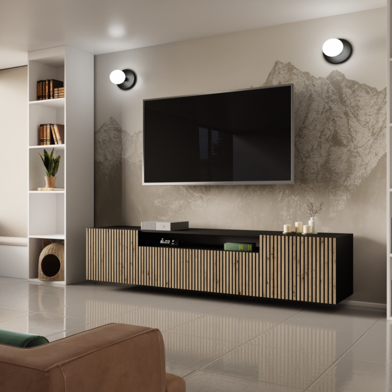 Szafka / stolik RTV Cora wisząca 200 cm - Czarny / Dąb Artisan - Arton