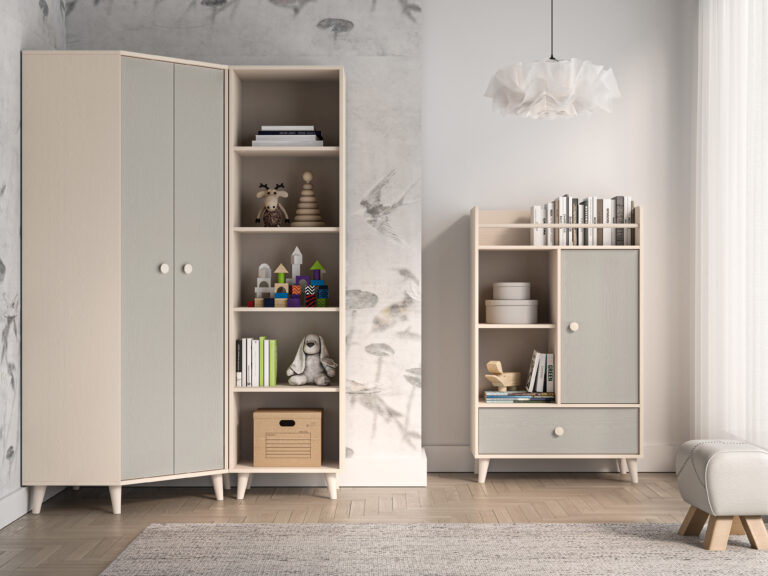 Meble młodzieżowe Mevel Szafa narożna 01 + Regał 03 + Komoda 04 - Piasek Pustyni / Szary Pallad - ML Meble