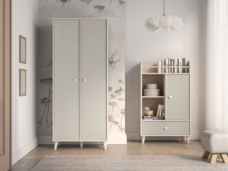 Meble młodzieżowe Mevel Szafa 02 + Komoda 04 - Piasek Pustyni / Szary Pallad - ML Meble