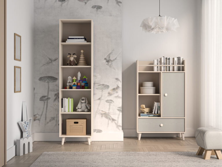 Meble młodzieżowe Mevel Regał 03 + Komoda 04 - Piasek Pustyni / Szary Pallad - ML Meble