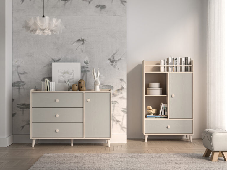 Meble młodzieżowe Mevel Komoda 04 + Komoda 05 - Piasek Pustyni / Szary Pallad - ML Meble