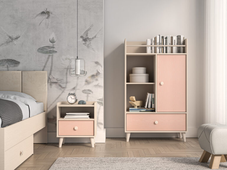 Meble młodzieżowe Mevel Komoda 04 + Szafka nocna 10 - Piasek Pustyni / Millenial Pink - ML Meble