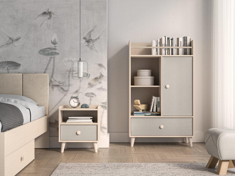 Meble młodzieżowe Mevel Komoda 04 + Szafka nocna 10 - Piasek Pustyni / Szary Pallad - ML Meble
