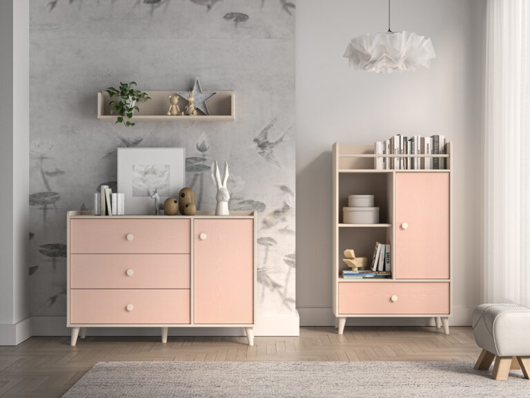 Meble młodzieżowe Mevel Komoda 04 + Komoda 05 + Półka wisząca 11 - Piasek Pustyni / Millenial Pink - ML Meble