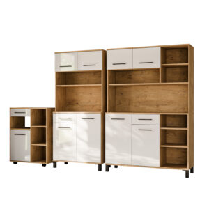 Bufet Zestaw Kuchenny Vigo Biały Połysk 120 cm, 80 cm + Wózek 70 cm + Blaty