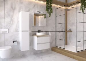 Meble łazienkowe Arco z blatem, umywalką, lustrem oraz lampką LED - Biały Połysk