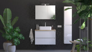 Meble łazienkowe Arco z blatem, umywalką, lustrem oraz lampką LED - Biały Połysk