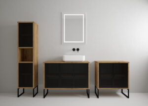 Zestaw mebli łazienkowych Fiora z lustrem i umywalką - Czarny Metal / Dąb Złoty
