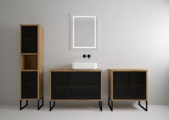 Zestaw mebli łazienkowych Fiora z lustrem i umywalką - Czarny Metal / Dąb Złoty