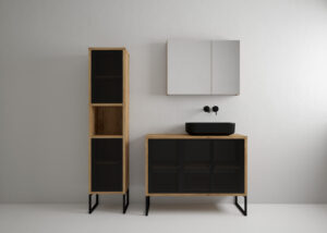 Zestaw mebli łazienkowych Fiora z szafką lustrzaną i umywalką - Czarny Metal / Dąb Złoty
