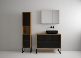 Zestaw mebli łazienkowych Fiora z szafką lustrzaną i umywalką - Czarny Metal / Dąb Złoty