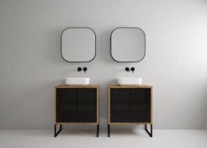 Zestaw mebli łazienkowych Fiora z lustrami i umywalkami - Czarny Metal / Dąb Złoty