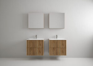 Zestaw mebli łazienkowych Delano z szafkami lustrzanymi oraz umywalkami meblowymi - Dąb Złoty