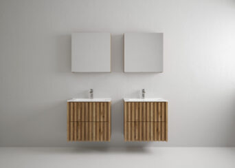 Zestaw mebli łazienkowych Delano z szafkami lustrzanymi oraz umywalkami meblowymi - Dąb Złoty