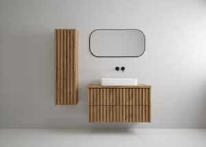 Zestaw mebli łazienkowych Delano z blatem, lustrem oraz umywalką - Dąb Złoty