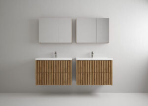 Zestaw mebli łazienkowych Delano z szafkami lustrzanymi oraz umywalkami meblowymi - Dąb Złoty