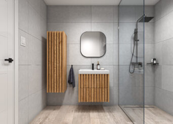 Zestaw mebli łazienkowych Delano z lustrem oraz umywalką meblową - Dąb Złoty