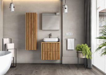 Zestaw mebli łazienkowych Delano z blatem, szafką lustrzaną oraz umywalką - Dąb Złoty