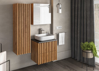 Zestaw mebli łazienkowych Delano z blatem, szafką lustrzaną oraz umywalką - Dąb Złoty