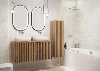 Zestaw mebli łazienkowych Delano z blatem, lustrami oraz umywalkami - Dąb Złoty