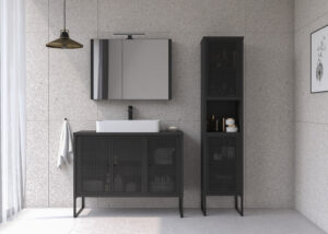 Zestaw mebli łazienkowych Fiora z szafką lustrzaną, umywalką i oświetleniem - Czarny Metal / Czarny
