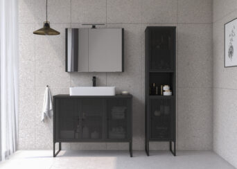Zestaw mebli łazienkowych Fiora z szafką lustrzaną, umywalką i oświetleniem - Czarny Metal / Czarny