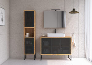 Zestaw mebli łazienkowych Fiora z szafką lustrzaną, umywalką i oświetleniem - Czarny Metal / Dąb Złoty
