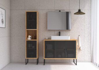 Zestaw mebli łazienkowych Fiora z szafką lustrzaną, umywalką i oświetleniem - Czarny Metal / Dąb Złoty