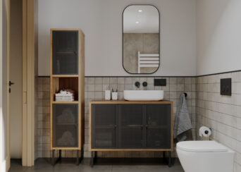 Zestaw mebli łazienkowych Fiora z lustrem i umywalką - Czarny Metal / Dąb Złoty