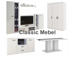 Zestaw Do Salonu Meblościanka Rumba + Szafa Elena 3D + Komoda Rumba + Ława Boston Biały