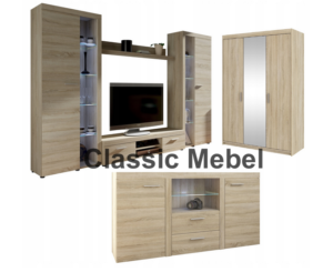 Zestaw Do Salonu Meblościanka Rumba XL + Szafa Elena 3D Lustro + Komoda Rumba Dąb Sonoma