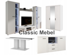 Zestaw Do Salonu Meblościanka Rumba XL + Szafa Elena 3D Lustro + Komoda Rumba + Ława Boston Biały