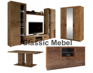 Zestaw Do Salonu Meblościanka Rumba XL + Szafa Elena 3D Lustro + Komoda Rumba + Ława Boston Dąb Lefkas