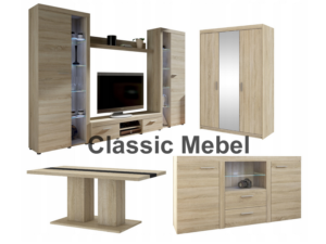 Zestaw Do Salonu Meblościanka Rumba XL + Szafa Elena 3D Lustro + Komoda Rumba + Ława Boston Dąb Sonoma