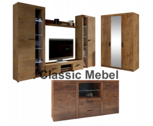 Zestaw Do Salonu Meblościanka Rumba XL + Szafa Elena 3D Lustro + Komoda Rumba Dąb Lefkas