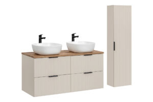 Zestaw meblowy Adel 120 cm z blatem, 2 umywalkami nablatowymi Smile i szafką wysoką - SET-ADC B WOTAN 120 CM SMILE 40 HIGH CABINET - Kaszmir
