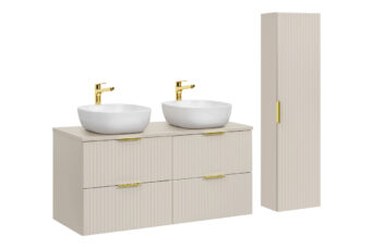 Zestaw meblowy Adel 120 cm z blatem, 2 umywalkami nablatowymi Smile i szafką wysoką - SET-ADC B CASHMERE 120 CM SMILE 40 HIGH CABINET - Kaszmir
