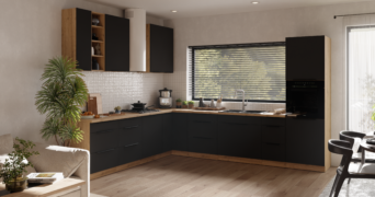 Meble Kuchenne Aria - Czarne / Dąb Artisan Narożne + Blaty