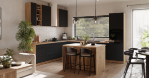 Meble Kuchenne Aria - Czarne / Dąb Artisan Narożne + Wyspa + Blaty