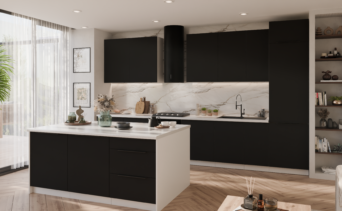 Meble Kuchenne Aria - Czarne/Białe + Wyspa + Blaty